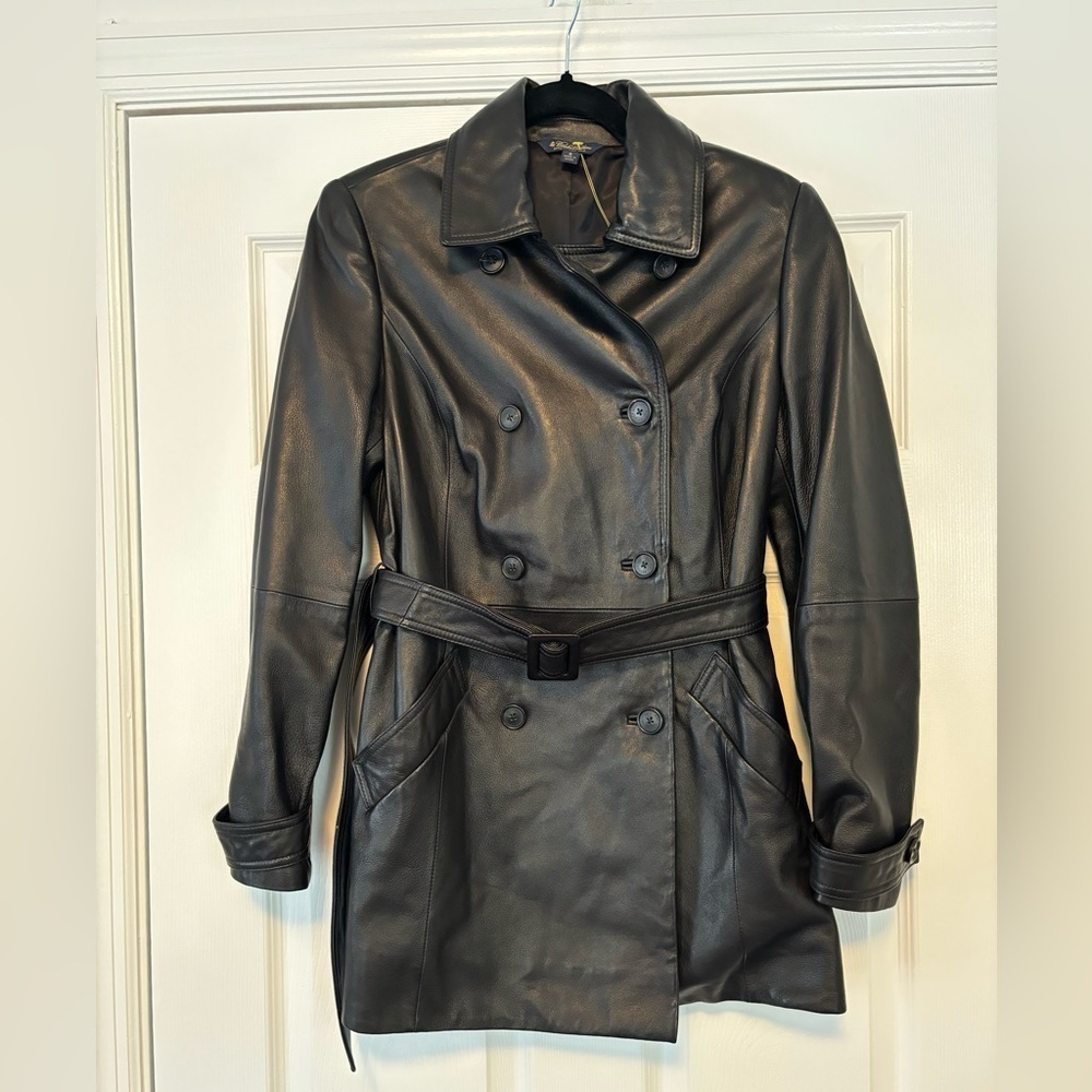 Brooks Brothers Black Leather Belted Trench Coat 6 Double Breasted leather